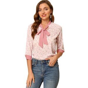 Floral Tops Bow Tie V Neck Contrast Trim Vintage Blouse Light Pink